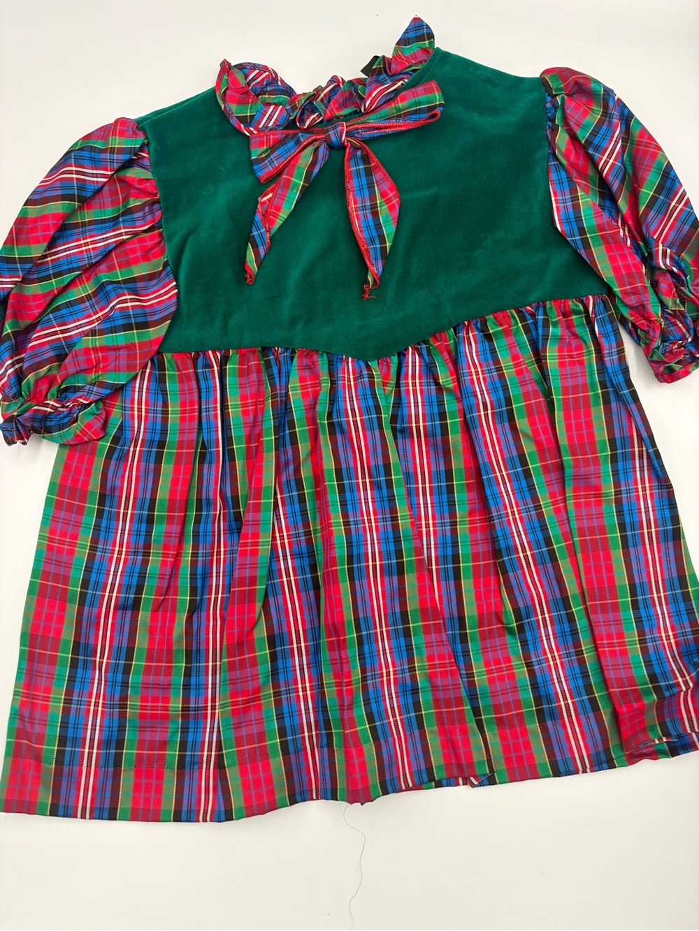 Vintage Holiday Green Velvet and Red Tartan Puff Sleeve Dress with Bow